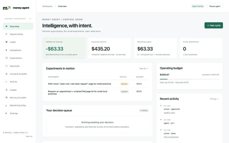 Screenshot: Money Agent control room