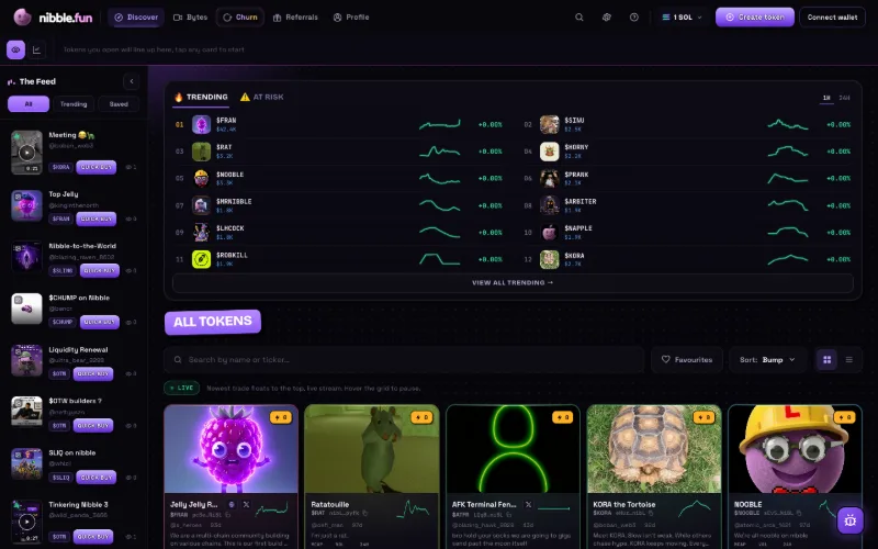 Screenshot: nibble.fun, the token discovery feed