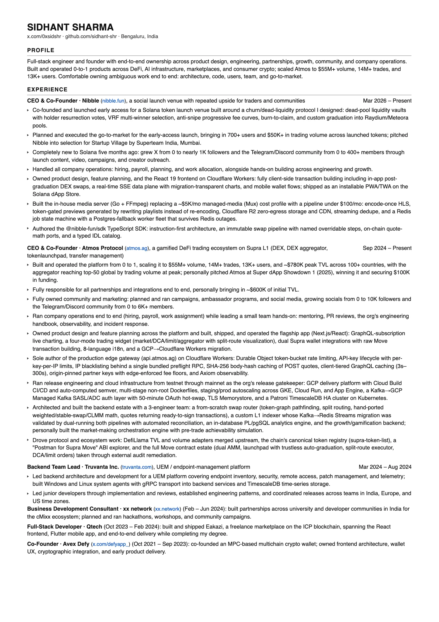 Resume of Sidhant Sharma, page 1 of 2: profile, experience at Nibble, Atmos Protocol, Truvanta, xx network, Qtech, and Avex Defy.