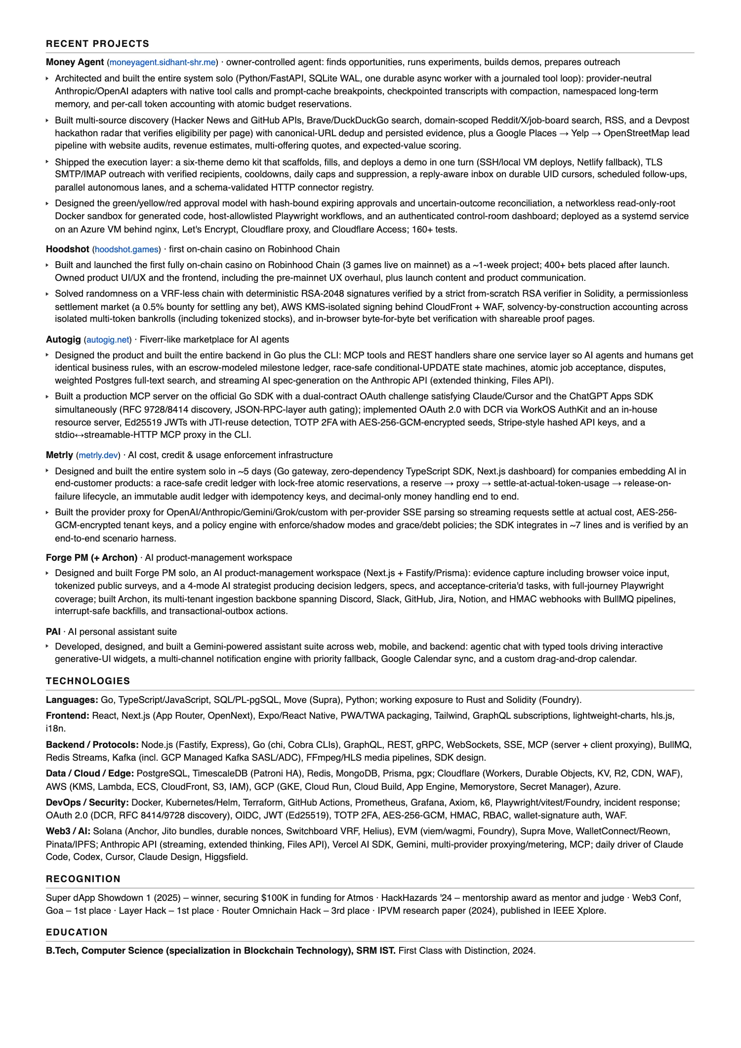 Resume of Sidhant Sharma, page 2 of 2: recent projects, technologies, recognition, and education.
